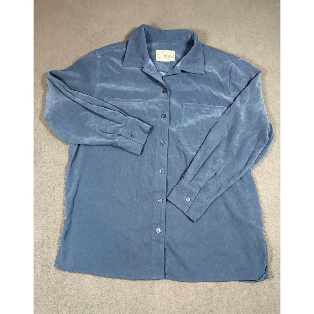 Basic Editions Button Up Shirt Womens Large Blue Faux Suede Long Sleeve Casual